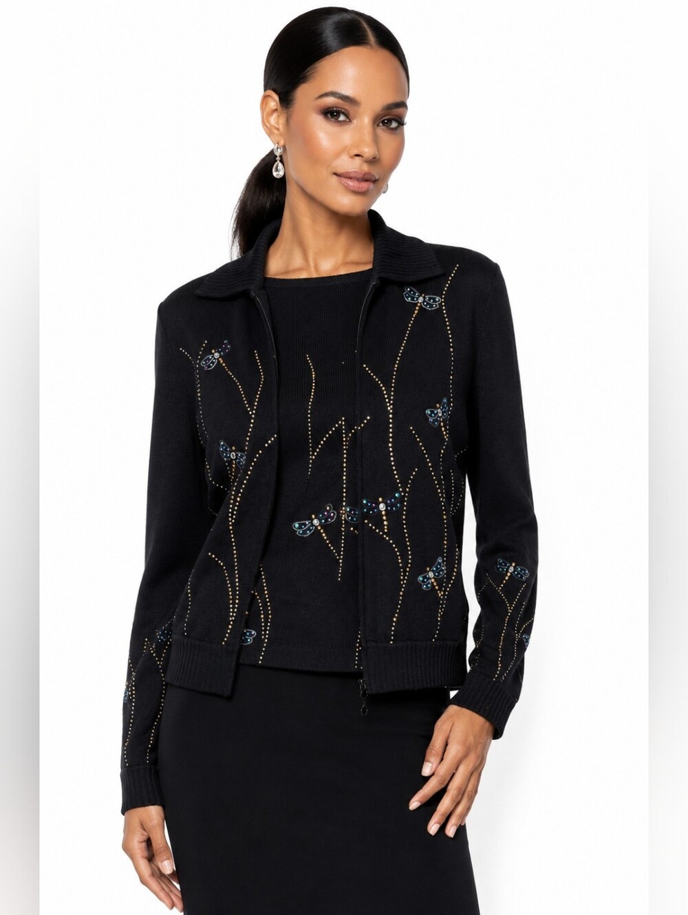St John Evening Marie Gray Size 6 Dragonfly Rhinestone Knit Jacket Tank Set